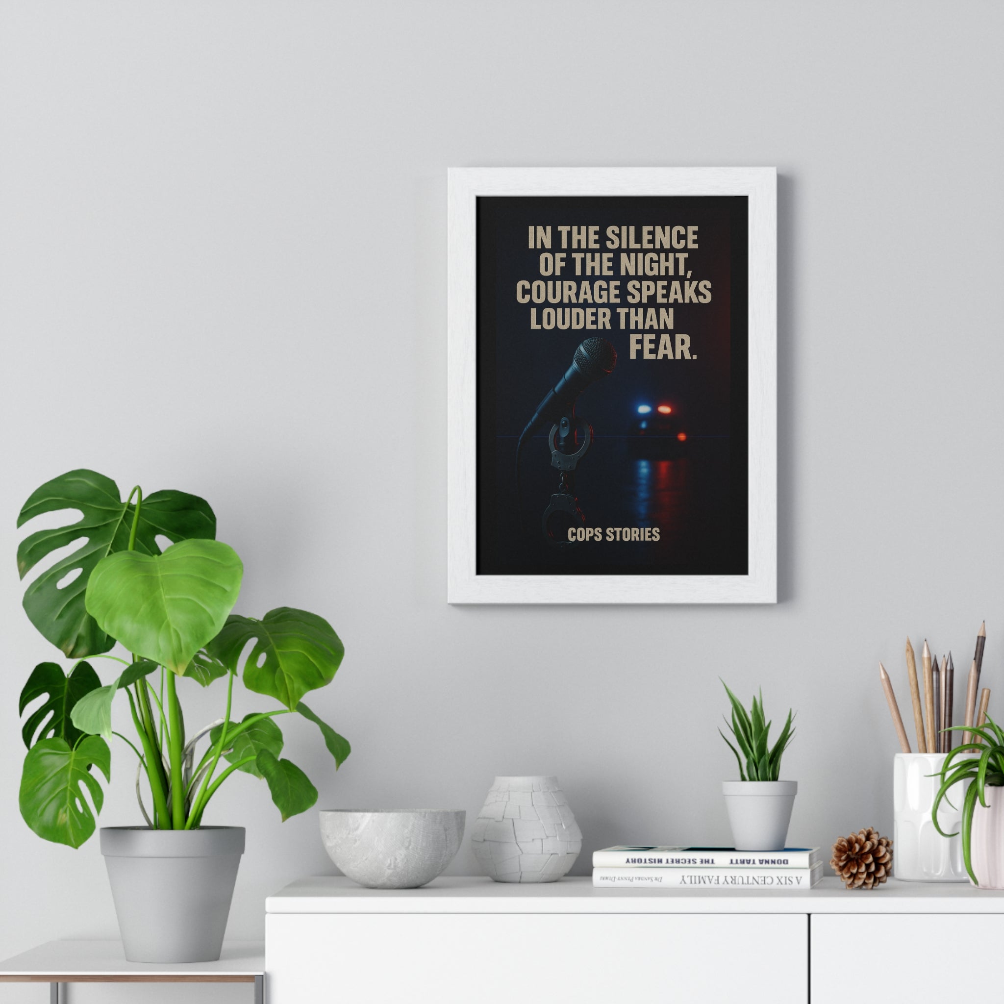Inspirerande väggkonst, vertikal inramad poster, motiverande dekor för poliser, modcitat, väggdekoration för hemmakontoret