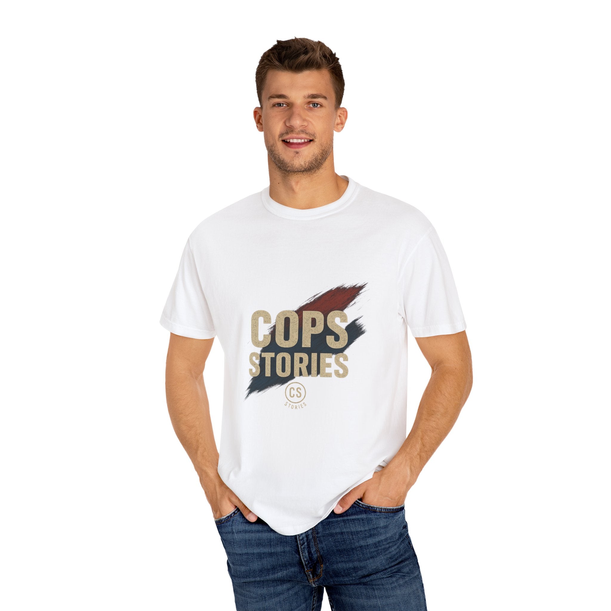 Cops Stories T-shirt | Unisex plaggfärgad T-shirt för polisentusiaster, perfekt för vardagsbruk, presenter, polisuppskattning