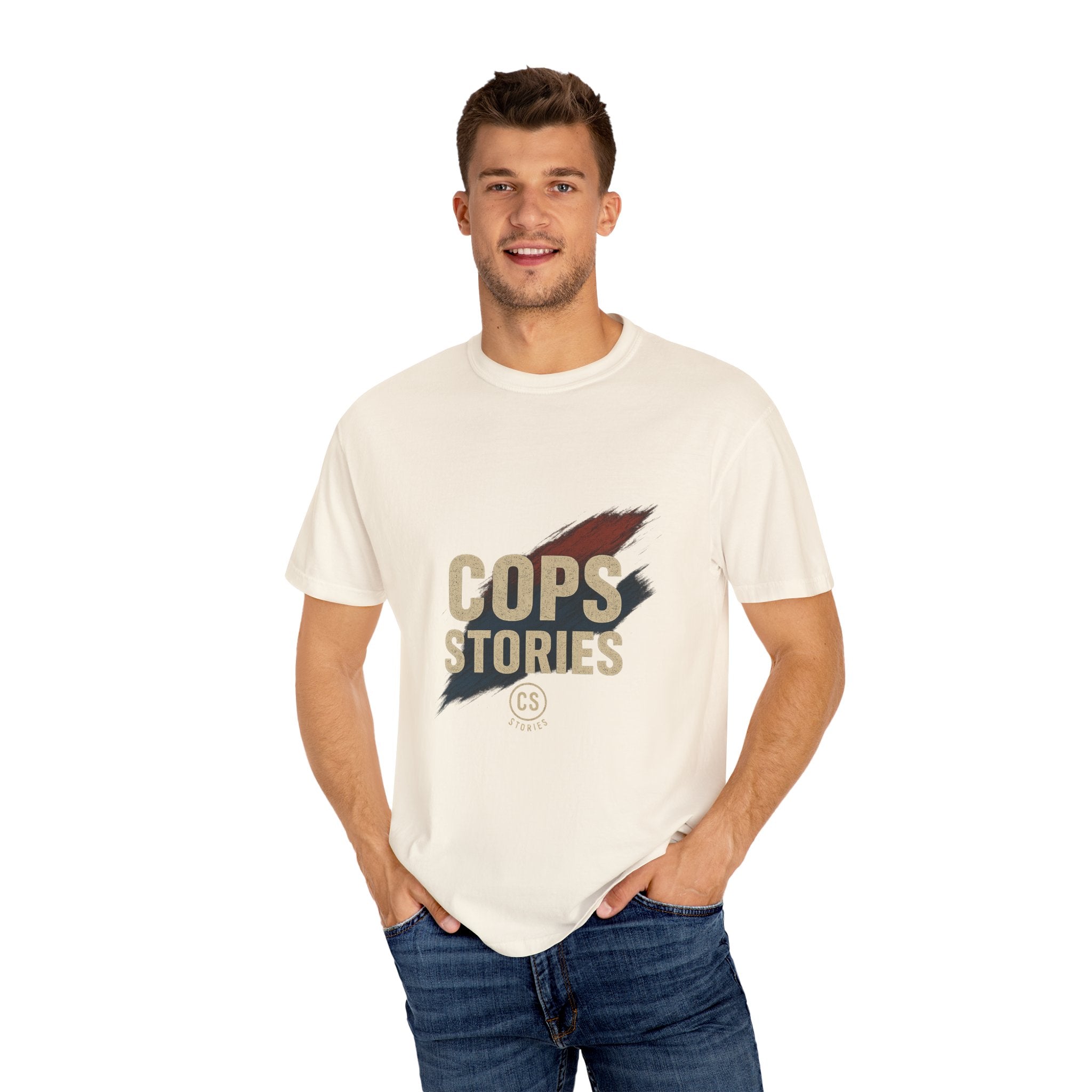 Cops Stories T-shirt | Unisex plaggfärgad T-shirt för polisentusiaster, perfekt för vardagsbruk, presenter, polisuppskattning