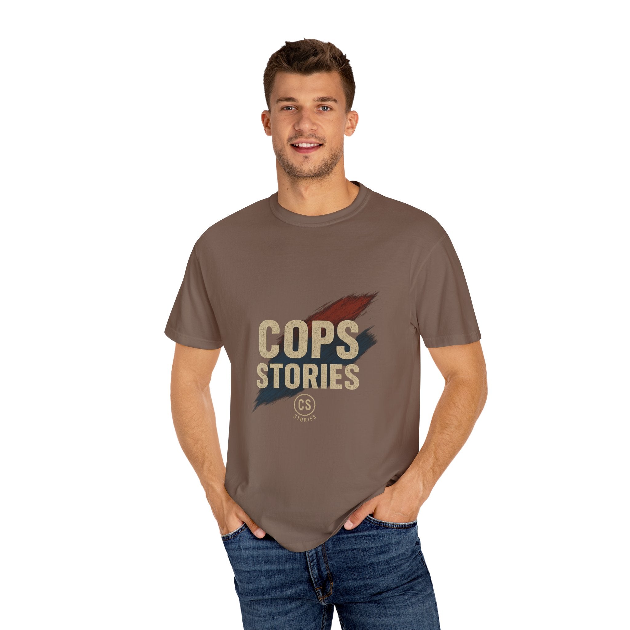 Cops Stories T-shirt | Unisex plaggfärgad T-shirt för polisentusiaster, perfekt för vardagsbruk, presenter, polisuppskattning