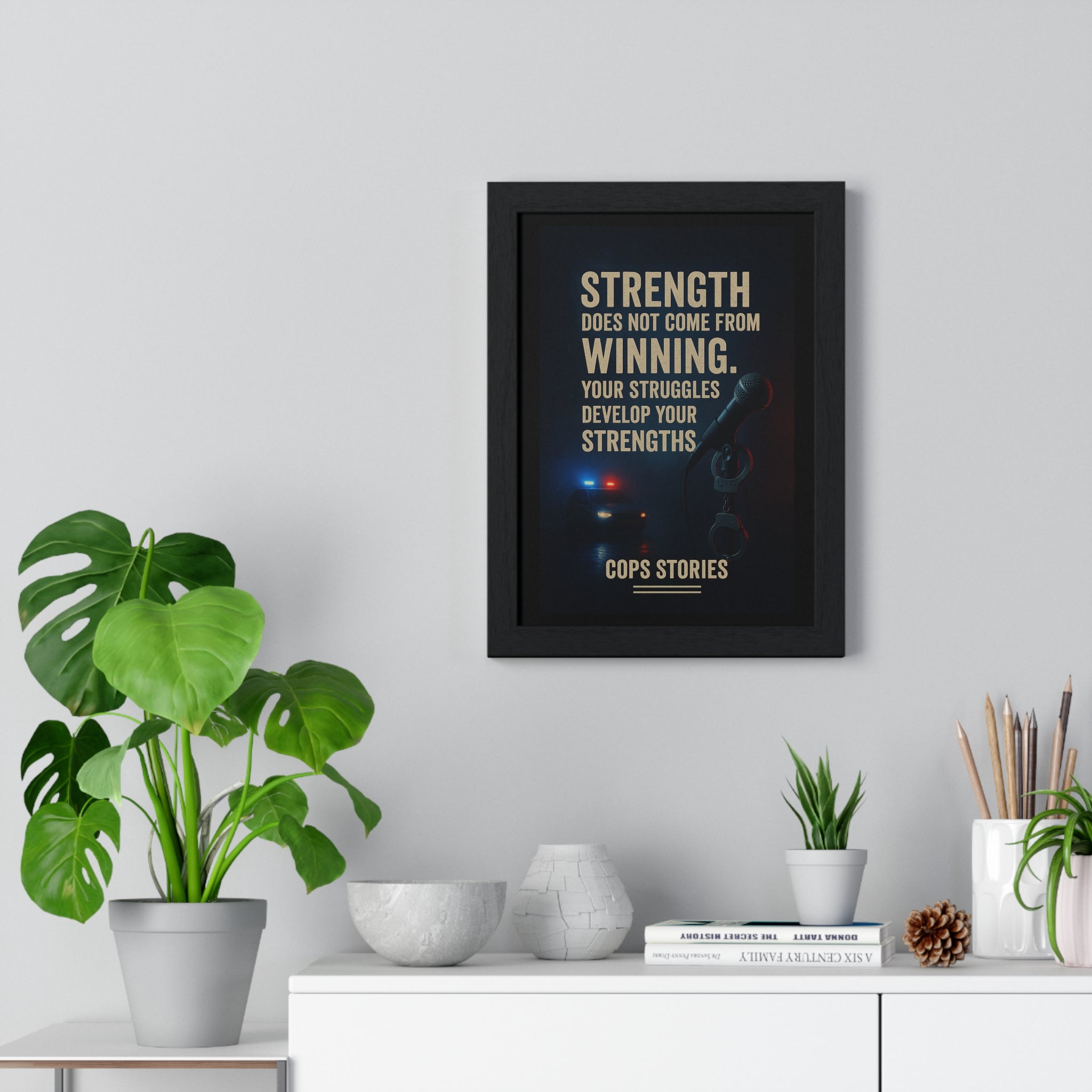 Inspirerande inramad polisposter, motiverande väggkonst, styrkecitatdekor, present till brottsbekämpning, polishistorier för heminredning