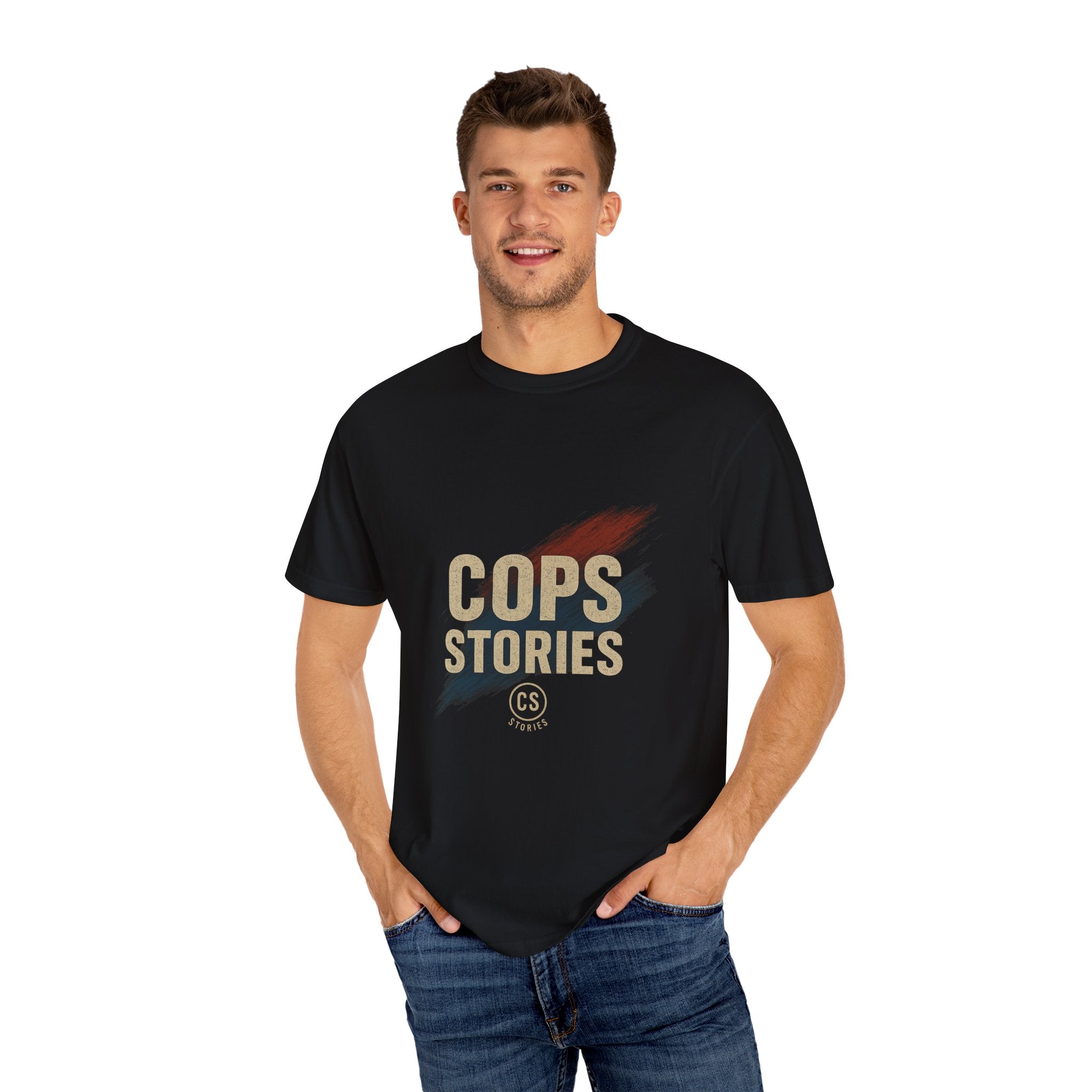 Cops Stories T-shirt | Unisex plaggfärgad T-shirt för polisentusiaster, perfekt för vardagsbruk, presenter, polisuppskattning