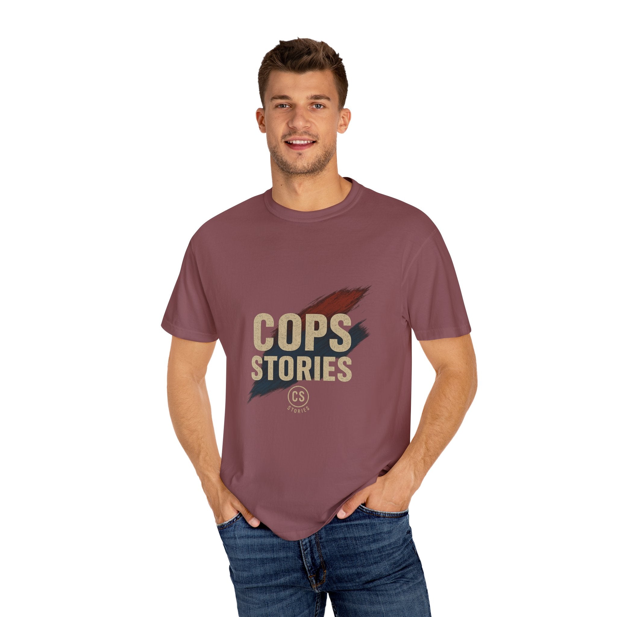 Cops Stories T-shirt | Unisex plaggfärgad T-shirt för polisentusiaster, perfekt för vardagsbruk, presenter, polisuppskattning