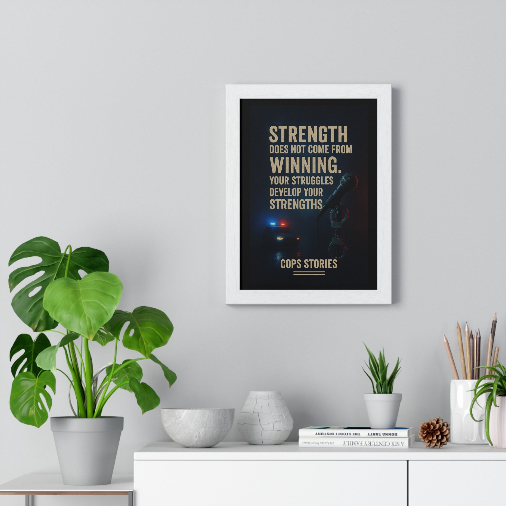 Inspirerande inramad polisposter, motiverande väggkonst, styrkecitatdekor, present till brottsbekämpning, polishistorier för heminredning